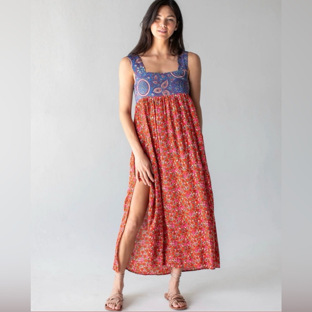 Natural Life Tricia Maxi Dress in Ditsy Blue - Red Floral Print